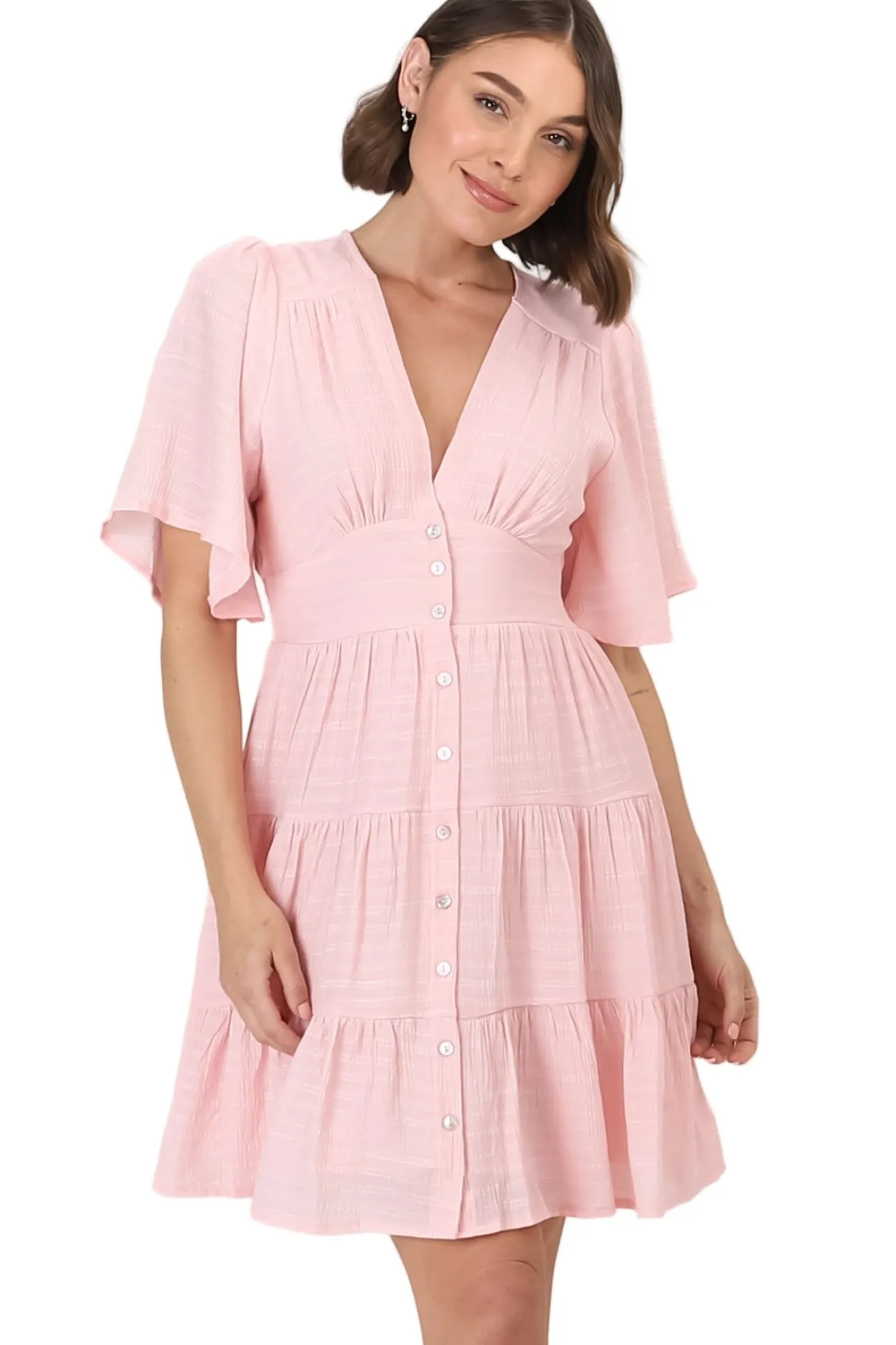 Aalia Mini Dress - Short Cape Sleeve Button Down V-Neck Dress in Pink>Salty Crush Online