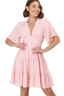 Aalia Mini Dress - Short Cape Sleeve Button Down V-Neck Dress in Pink><noscript><img width=