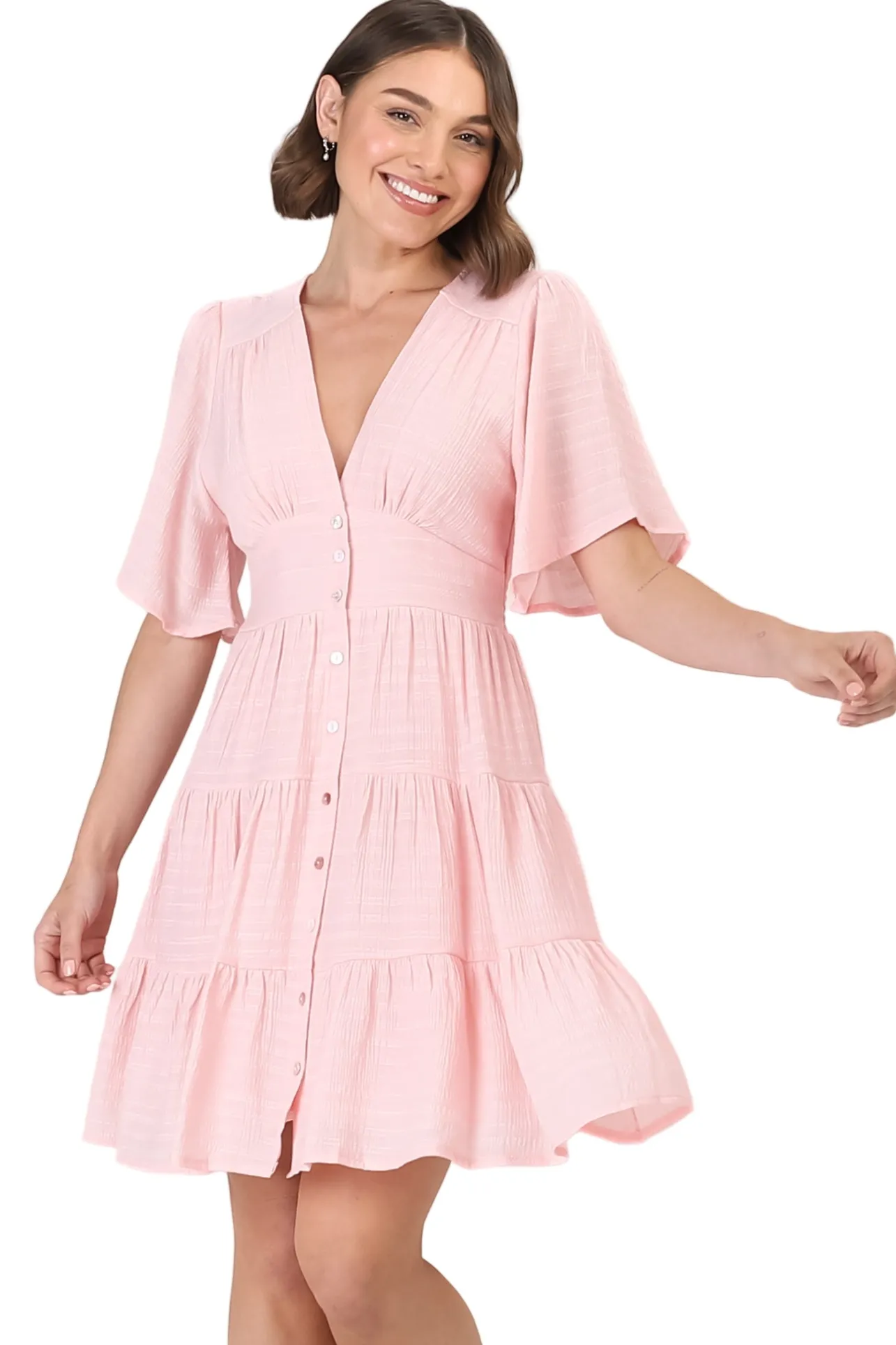 Aalia Mini Dress - Short Cape Sleeve Button Down V-Neck Dress in Pink>Salty Crush Online