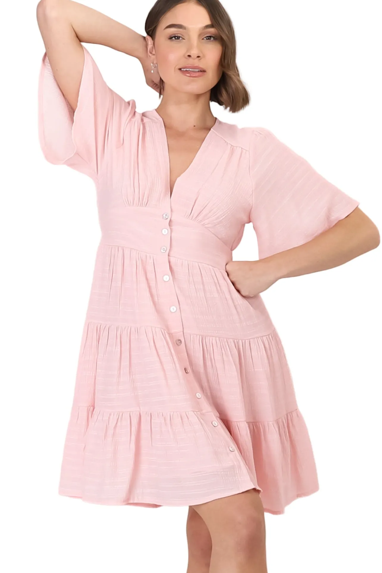 Aalia Mini Dress - Short Cape Sleeve Button Down V-Neck Dress in Pink>Salty Crush Online