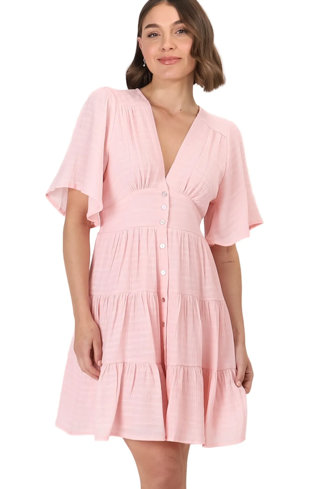 Aalia Mini Dress - Short Cape Sleeve Button Down V-Neck Dress in Pink>Salty Crush Online