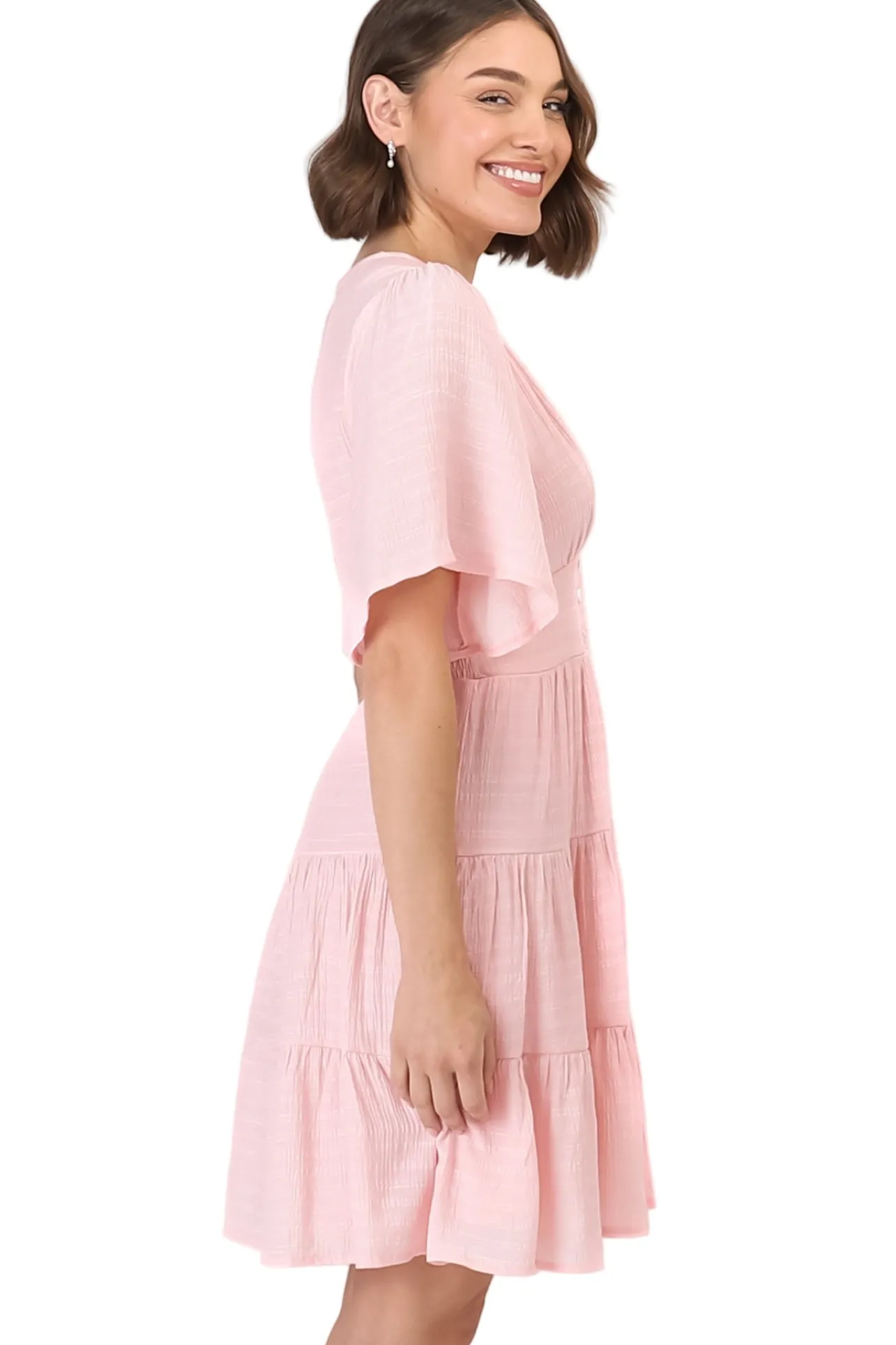 Aalia Mini Dress - Short Cape Sleeve Button Down V-Neck Dress in Pink>Salty Crush Online