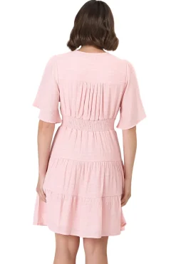 Aalia Mini Dress - Short Cape Sleeve Button Down V-Neck Dress in Pink><noscript><img width=