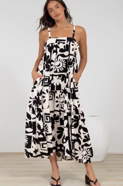 Abegail Midi Dress - Square Neckline Sun Dress in Halsey Print>Salty Crush Best