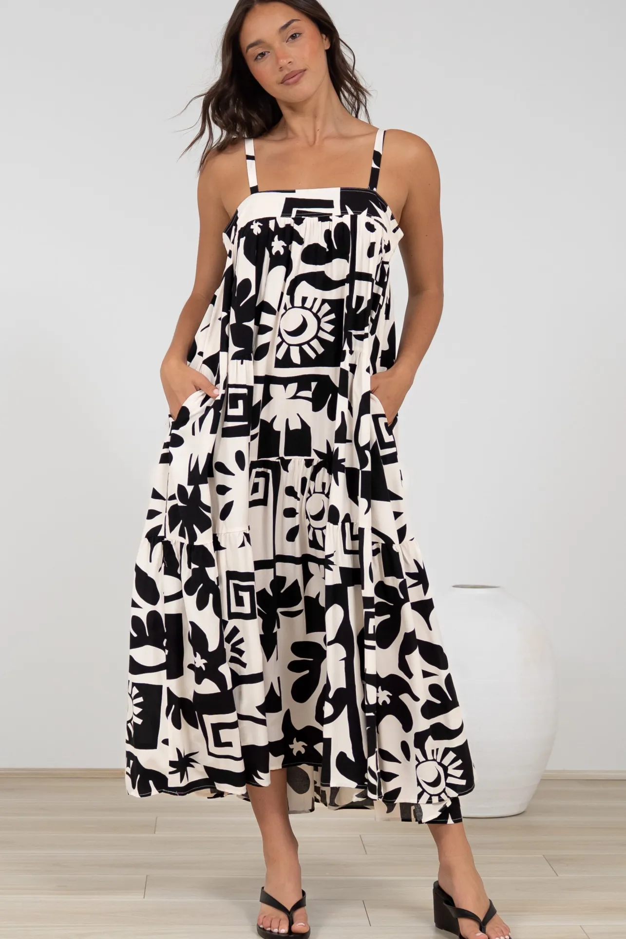 Abegail Midi Dress - Square Neckline Sun Dress in Halsey Print>Salty Crush Best