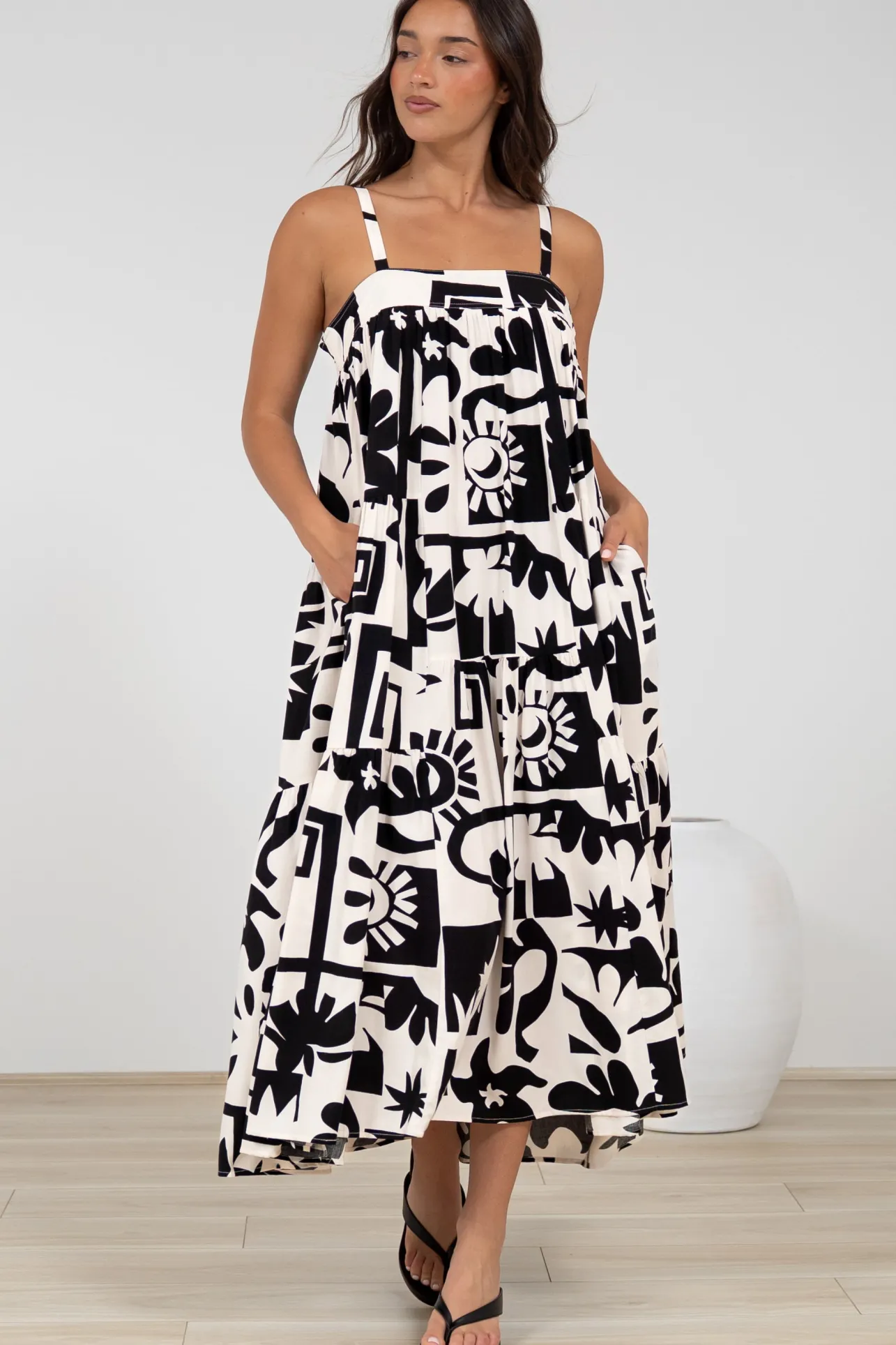 Abegail Midi Dress - Square Neckline Sun Dress in Halsey Print>Salty Crush Best