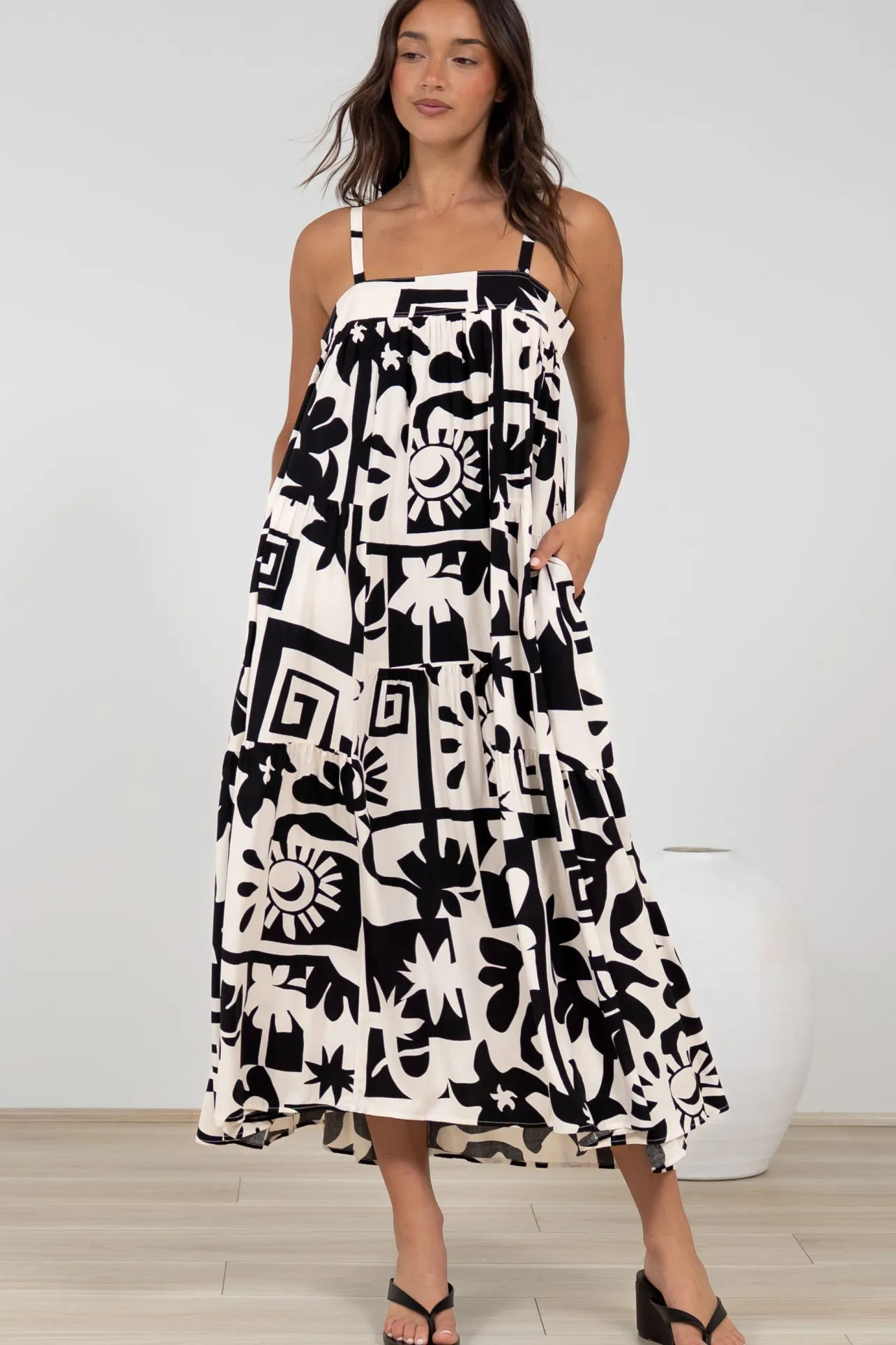 Abegail Midi Dress - Square Neckline Sun Dress in Halsey Print>Salty Crush Best