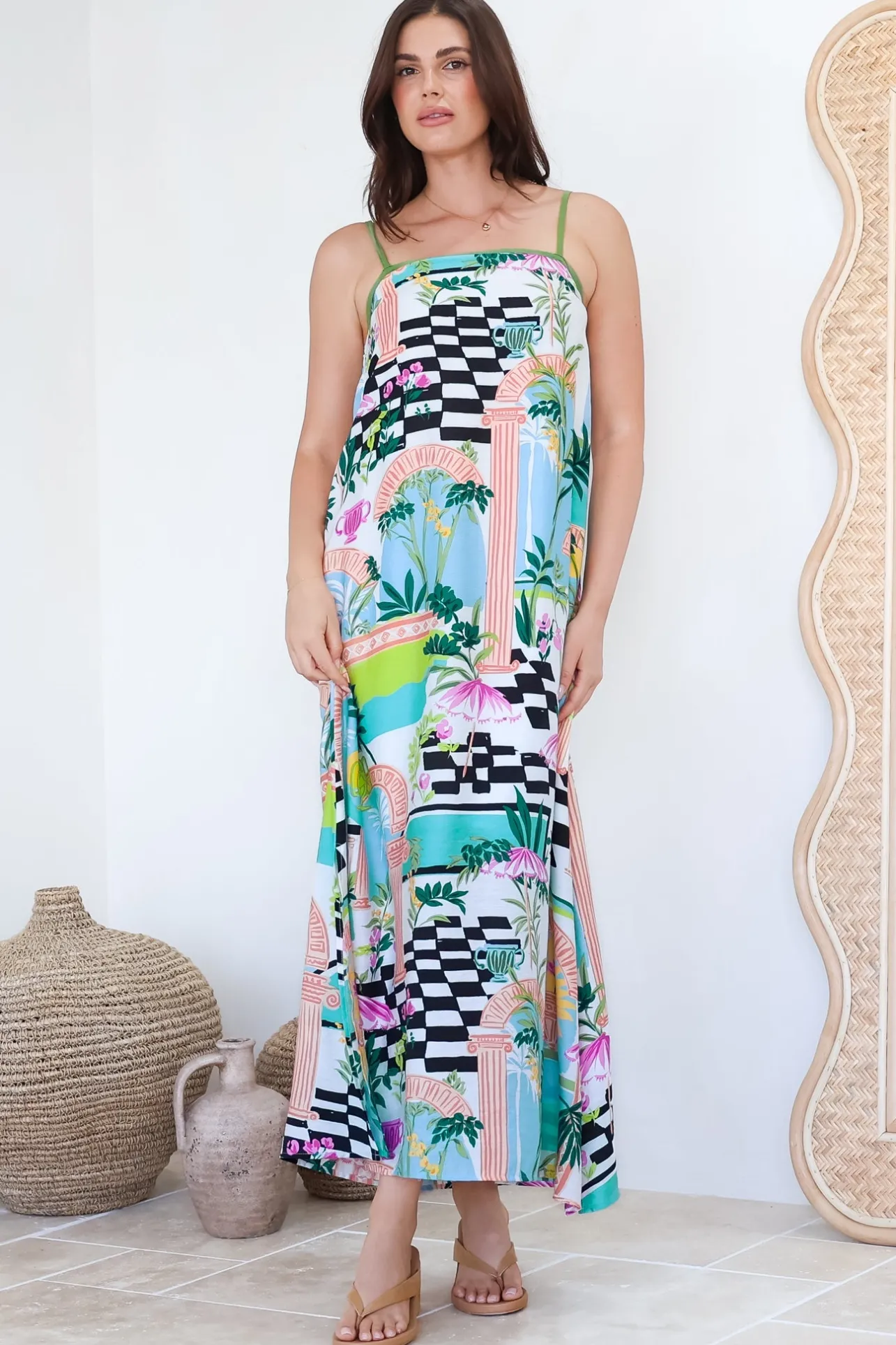 Abie Maxi Dress - Adjustable Strap Sun Dress with Splits in Melora Print>Salty Crush New