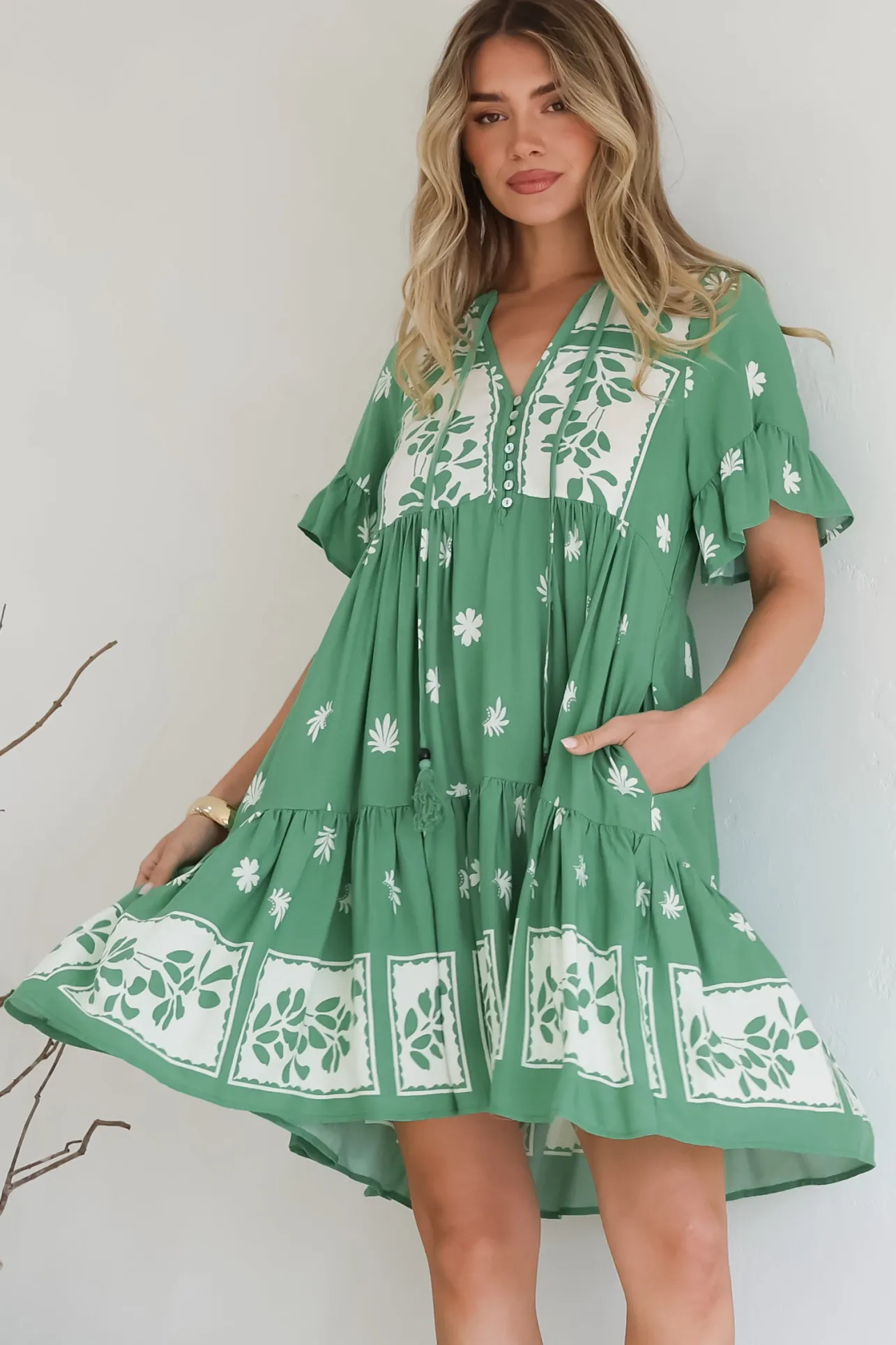 Abilia Mini Dress - Mandarin Collar Smock Dress in Lucinda Print Green>Salty Crush