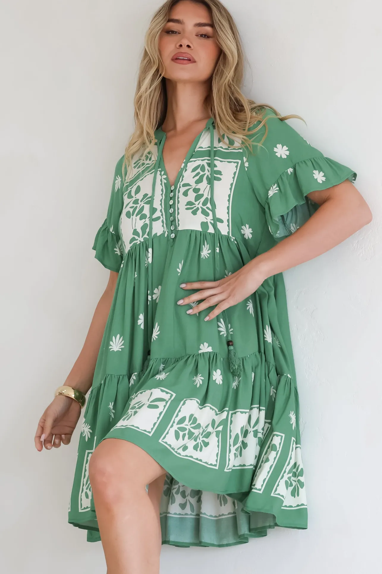Abilia Mini Dress - Mandarin Collar Smock Dress in Lucinda Print Green>Salty Crush
