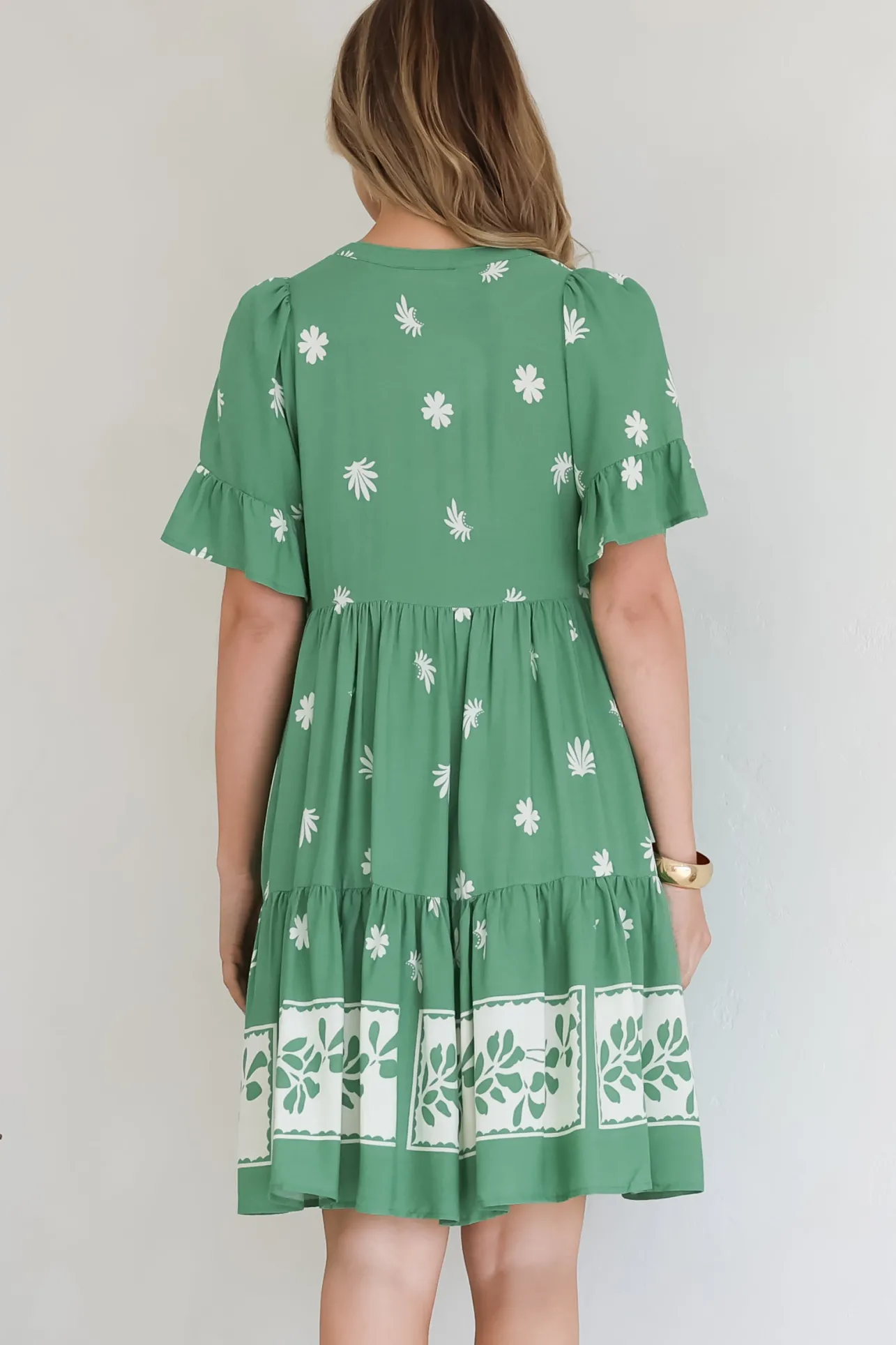 Abilia Mini Dress - Mandarin Collar Smock Dress in Lucinda Print Green>Salty Crush