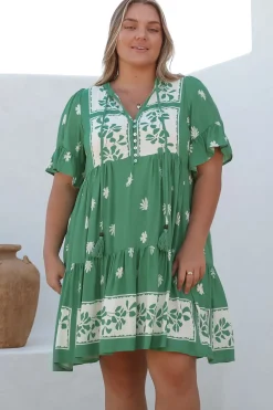 Abilia Mini Dress - Mandarin Collar Smock Dress in Lucinda Print Green><noscript><img width=