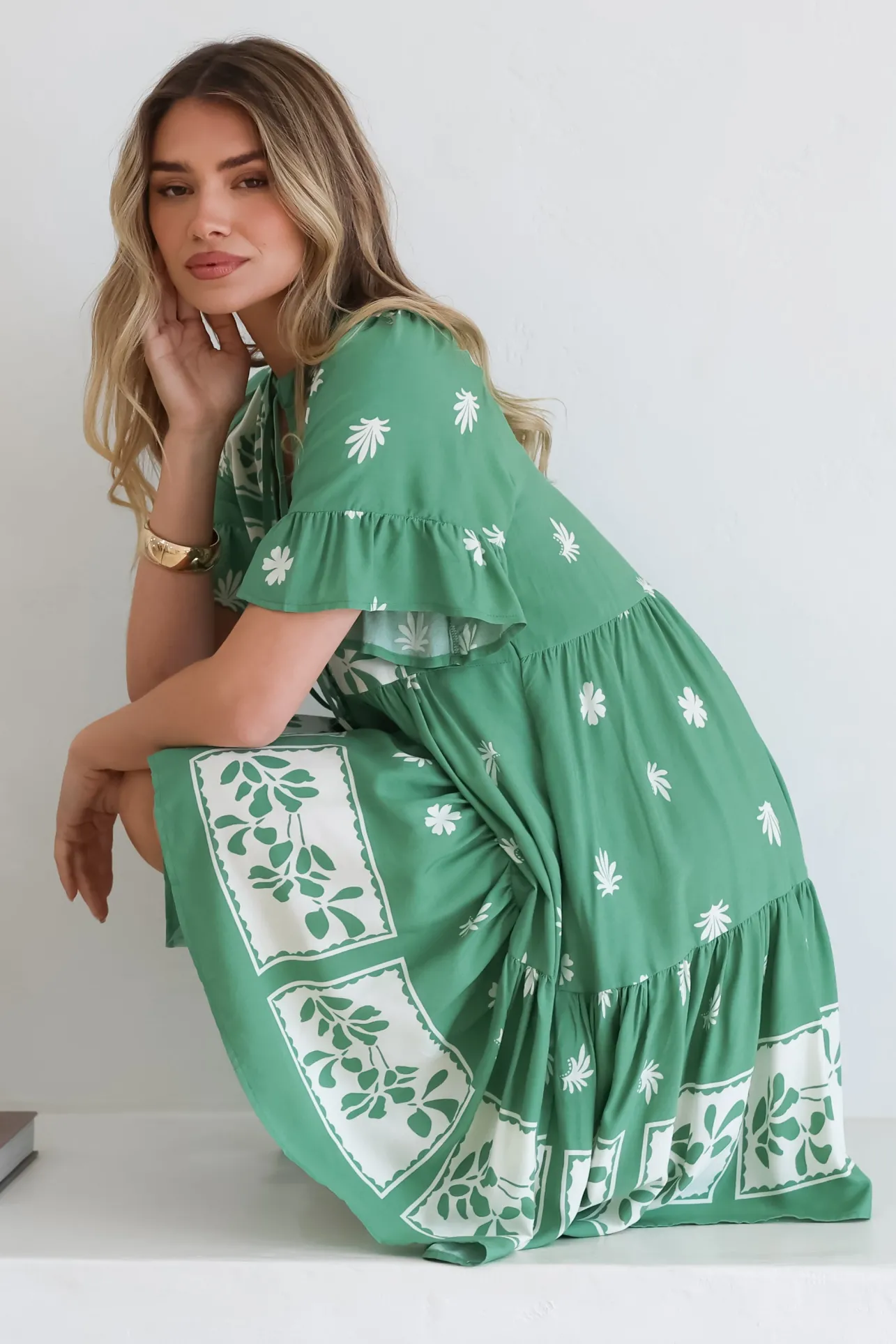 Abilia Mini Dress - Mandarin Collar Smock Dress in Lucinda Print Green>Salty Crush