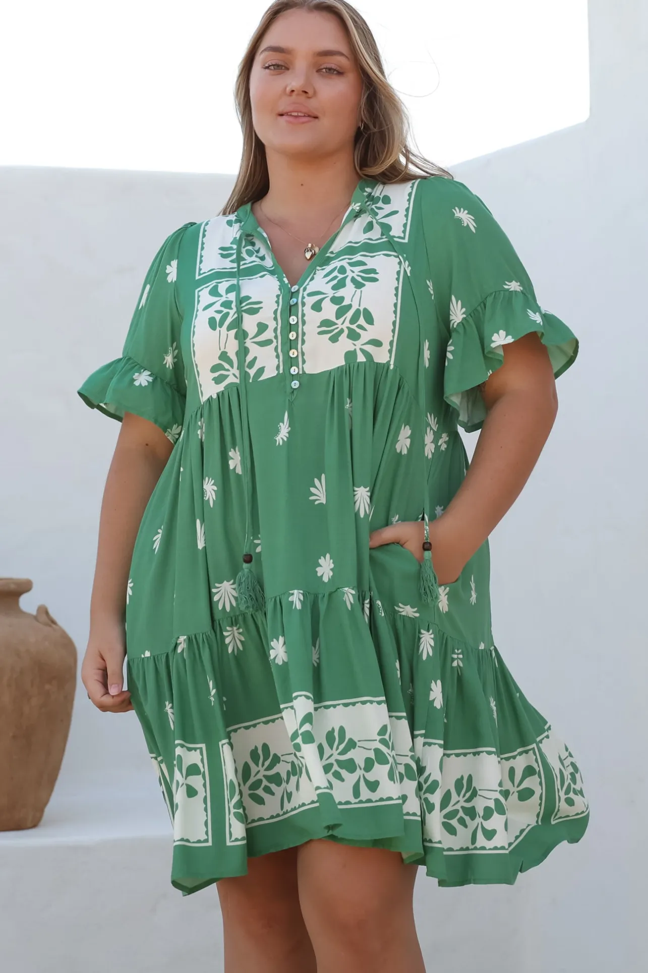 Abilia Mini Dress - Mandarin Collar Smock Dress in Lucinda Print Green>Salty Crush