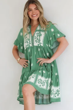 Abilia Mini Dress - Mandarin Collar Smock Dress in Lucinda Print Green><noscript><img width=