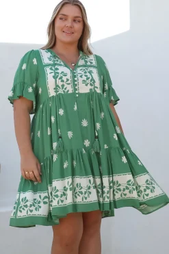 Abilia Mini Dress - Mandarin Collar Smock Dress in Lucinda Print Green><noscript><img width=