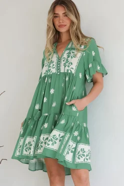 Abilia Mini Dress - Mandarin Collar Smock Dress in Lucinda Print Green><noscript><img width=