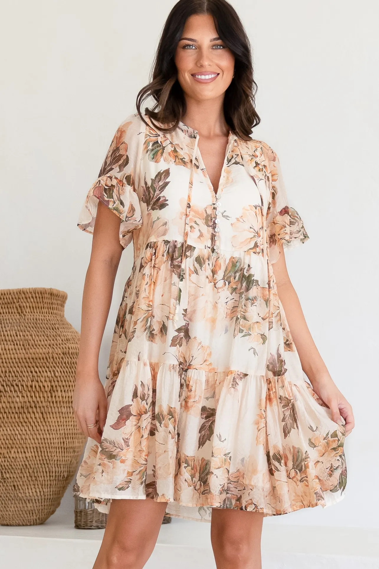 Abilia Mini Dress - Mandarin Collar Smock Dress in Kirah Print Peach>Salty Crush New