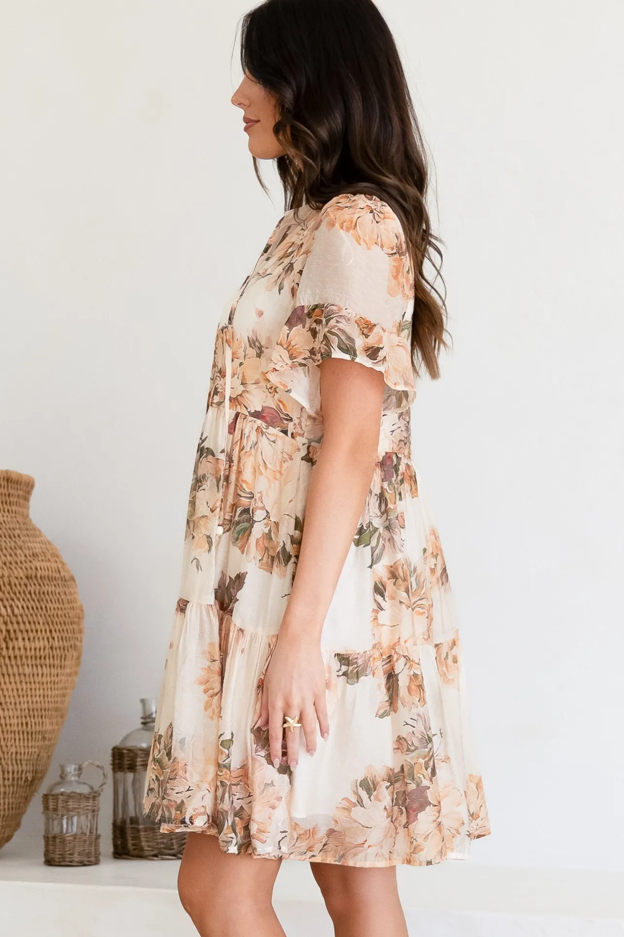 Abilia Mini Dress - Mandarin Collar Smock Dress in Kirah Print Peach>Salty Crush New