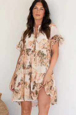 Abilia Mini Dress - Mandarin Collar Smock Dress in Kirah Print Peach><noscript><img width=