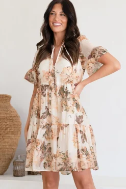 Abilia Mini Dress - Mandarin Collar Smock Dress in Kirah Print Peach><noscript><img width=
