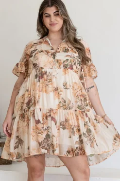 Abilia Mini Dress - Mandarin Collar Smock Dress in Kirah Print Peach><noscript><img width=