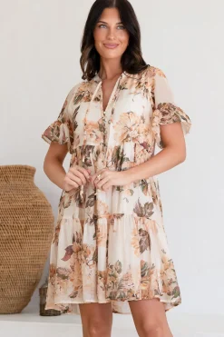 Abilia Mini Dress - Mandarin Collar Smock Dress in Kirah Print Peach><noscript><img width=