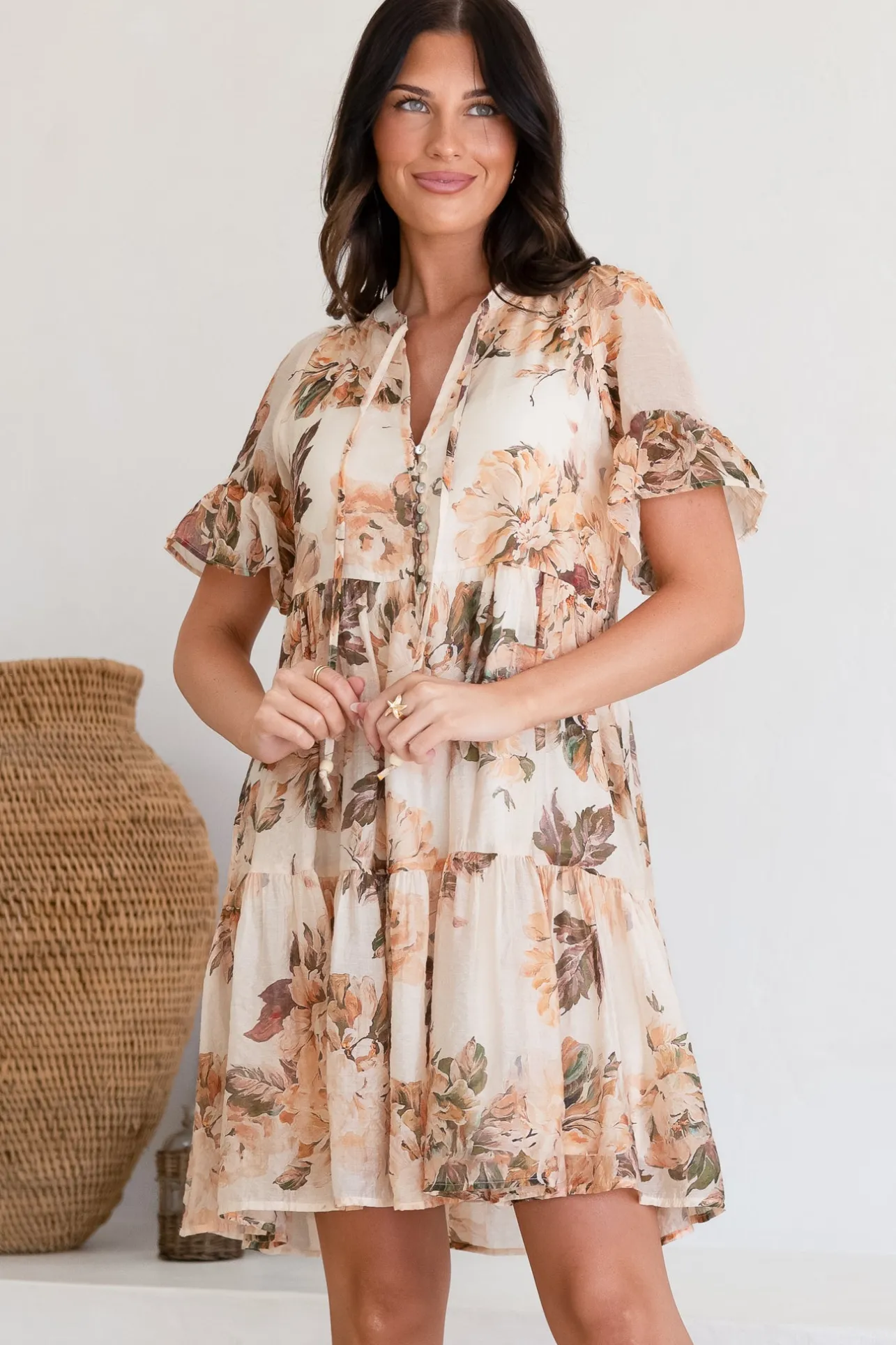 Abilia Mini Dress - Mandarin Collar Smock Dress in Kirah Print Peach>Salty Crush New