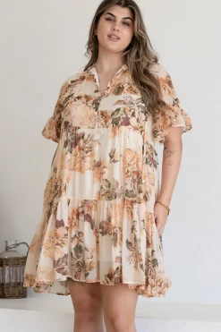 Abilia Mini Dress - Mandarin Collar Smock Dress in Kirah Print Peach><noscript><img width=
