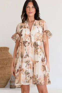 Abilia Mini Dress - Mandarin Collar Smock Dress in Kirah Print Peach><noscript><img width=