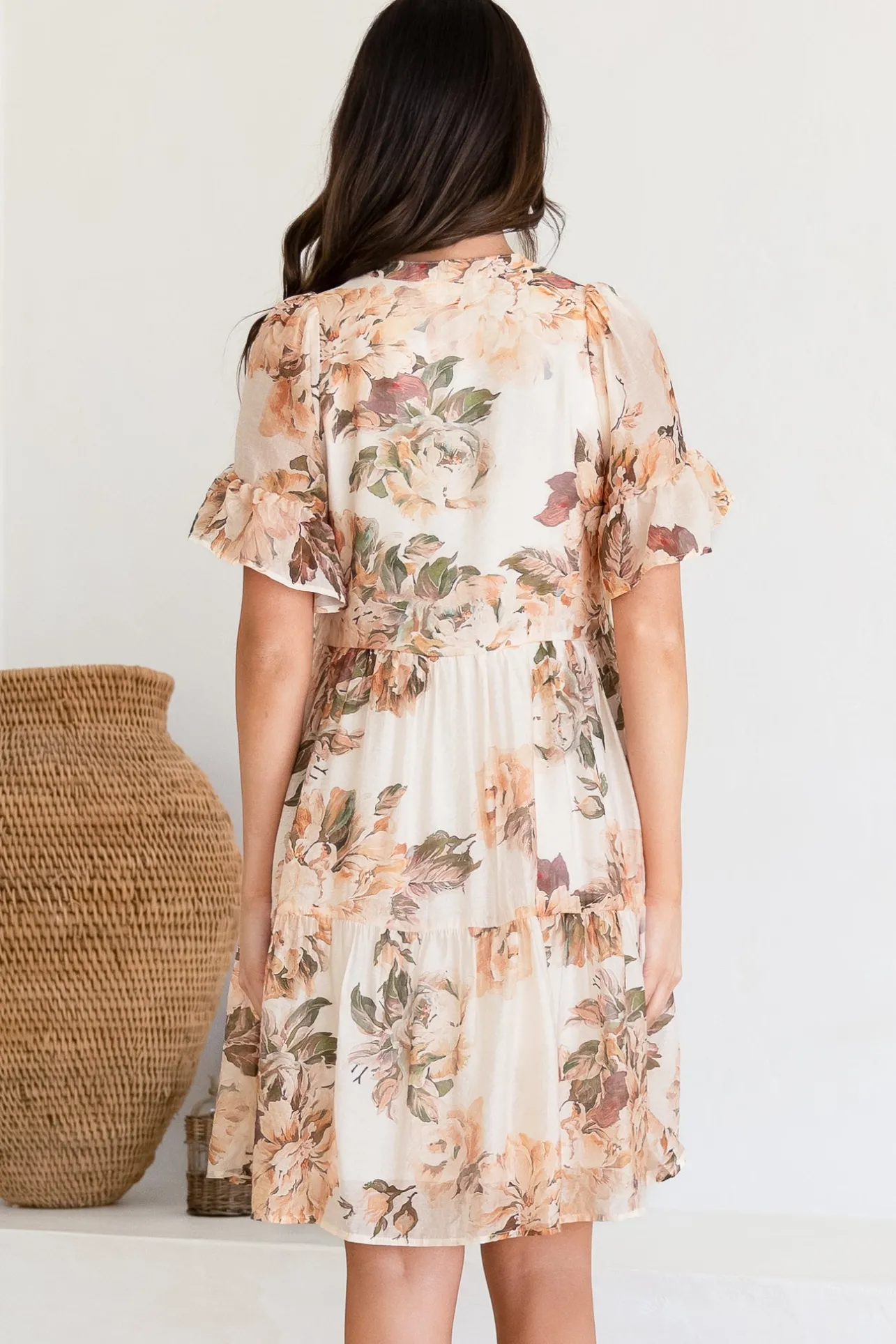 Abilia Mini Dress - Mandarin Collar Smock Dress in Kirah Print Peach>Salty Crush New