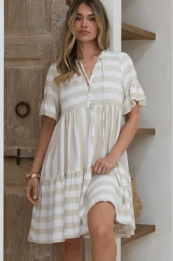 Abilia Mini Dress - Mandarin Collar Smock Dress in Gaubi Print Beige>Salty Crush Discount