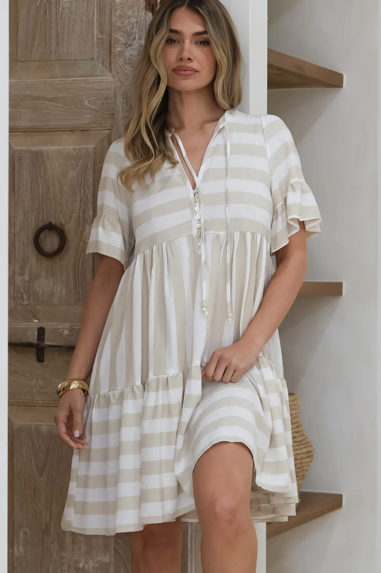 Abilia Mini Dress - Mandarin Collar Smock Dress in Gaubi Print Beige>Salty Crush Discount