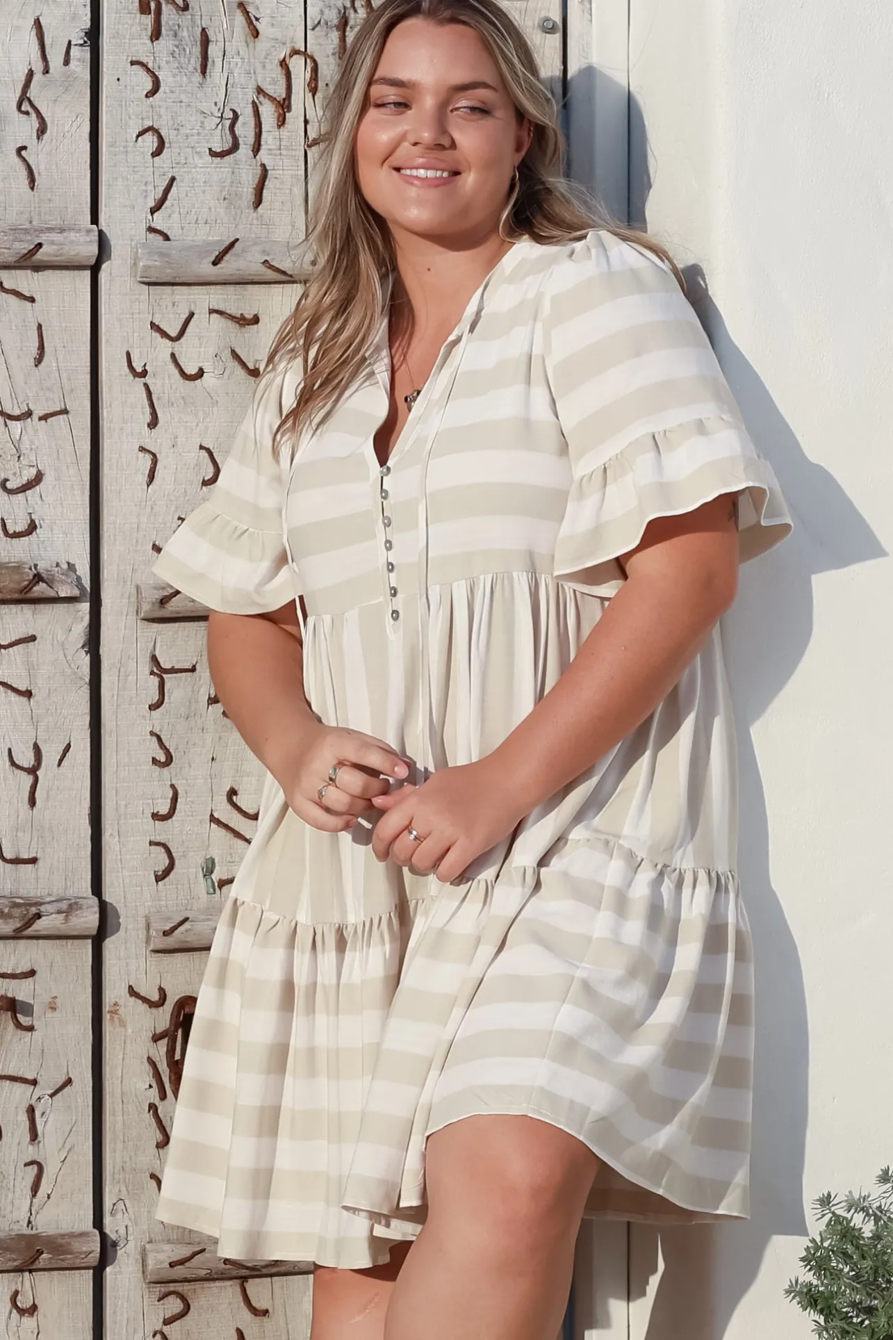 Abilia Mini Dress - Mandarin Collar Smock Dress in Gaubi Print Beige>Salty Crush Discount