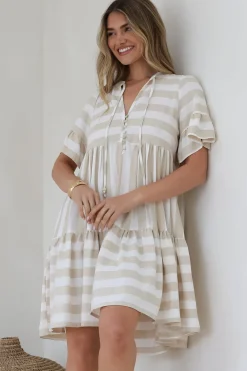 Abilia Mini Dress - Mandarin Collar Smock Dress in Gaubi Print Beige><noscript><img width=