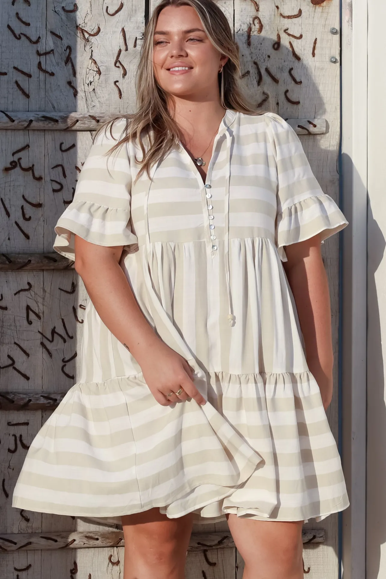 Abilia Mini Dress - Mandarin Collar Smock Dress in Gaubi Print Beige>Salty Crush Discount