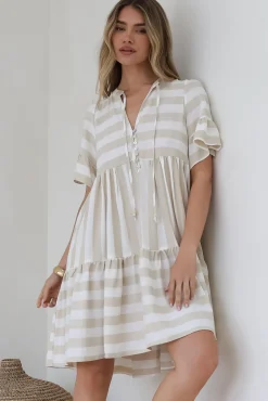 Abilia Mini Dress - Mandarin Collar Smock Dress in Gaubi Print Beige><noscript><img width=
