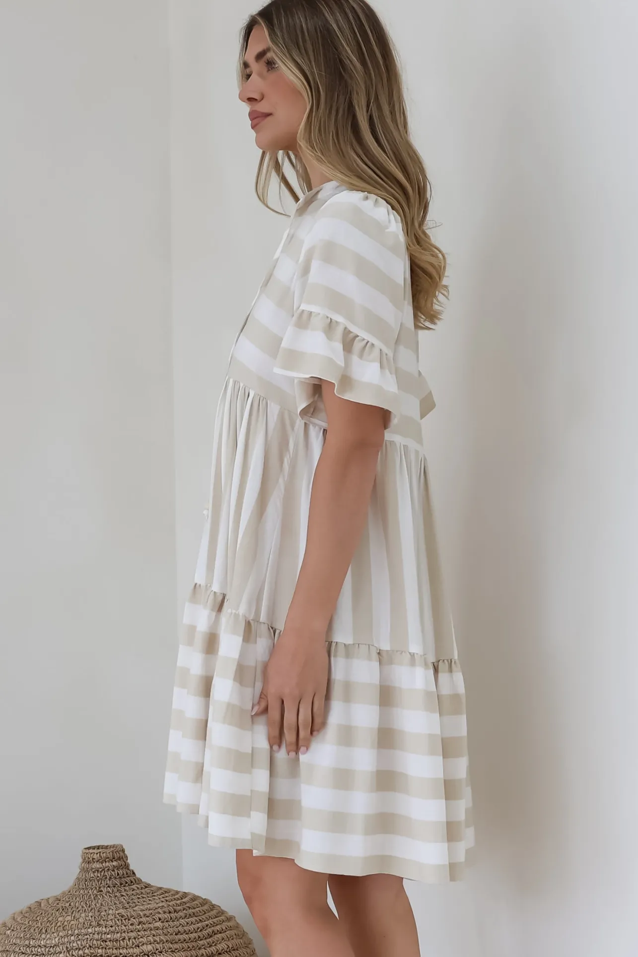 Abilia Mini Dress - Mandarin Collar Smock Dress in Gaubi Print Beige>Salty Crush Discount