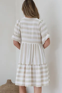 Abilia Mini Dress - Mandarin Collar Smock Dress in Gaubi Print Beige><noscript><img width=