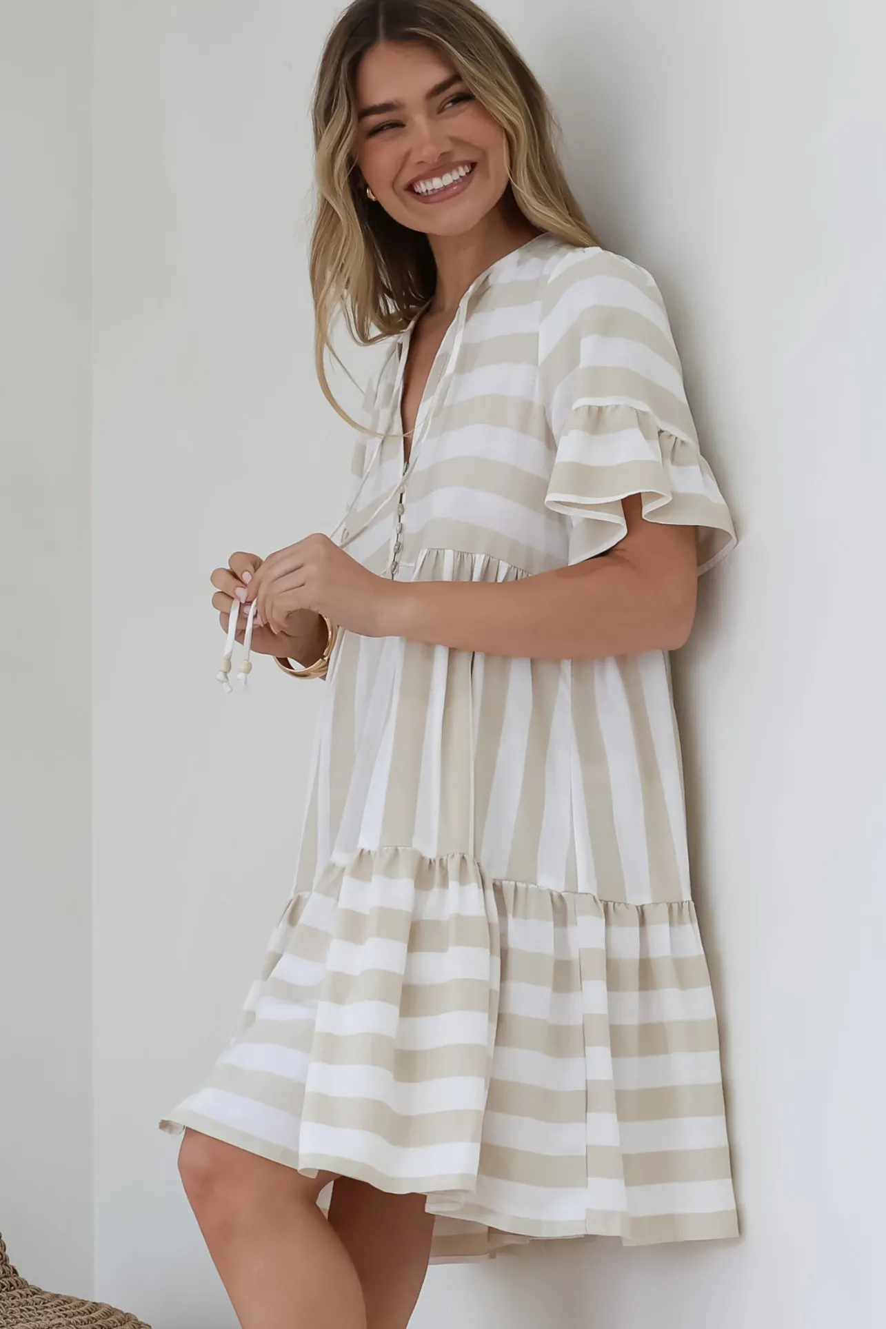 Abilia Mini Dress - Mandarin Collar Smock Dress in Gaubi Print Beige>Salty Crush Discount