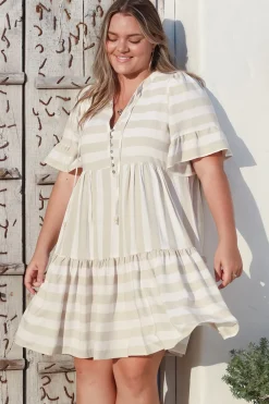 Abilia Mini Dress - Mandarin Collar Smock Dress in Gaubi Print Beige><noscript><img width=