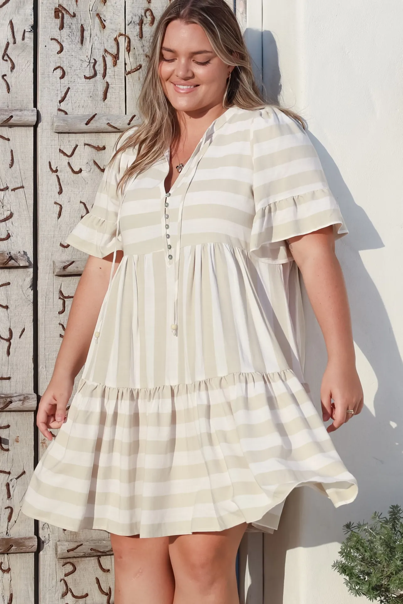 Abilia Mini Dress - Mandarin Collar Smock Dress in Gaubi Print Beige>Salty Crush Discount