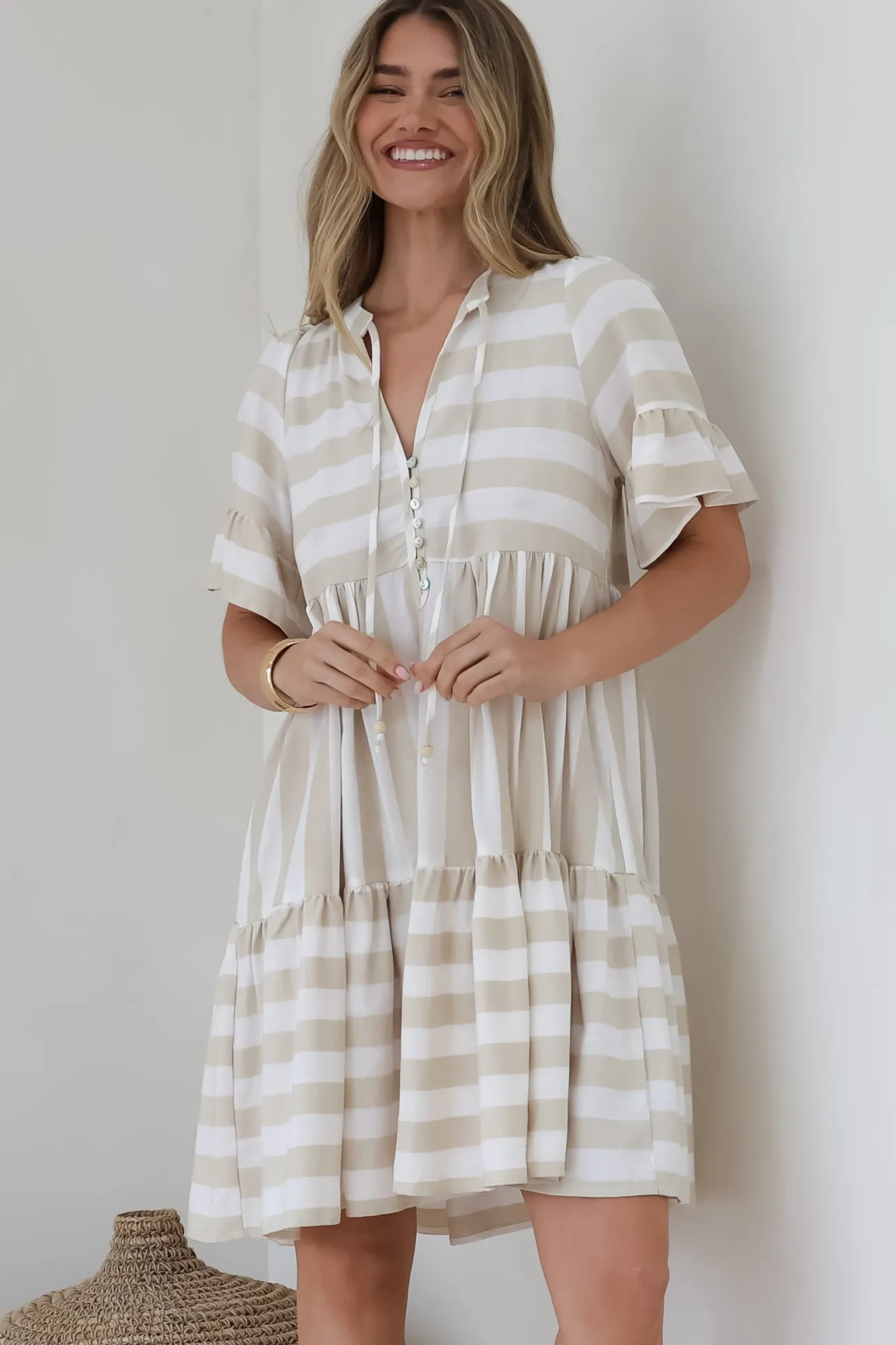 Abilia Mini Dress - Mandarin Collar Smock Dress in Gaubi Print Beige>Salty Crush Discount