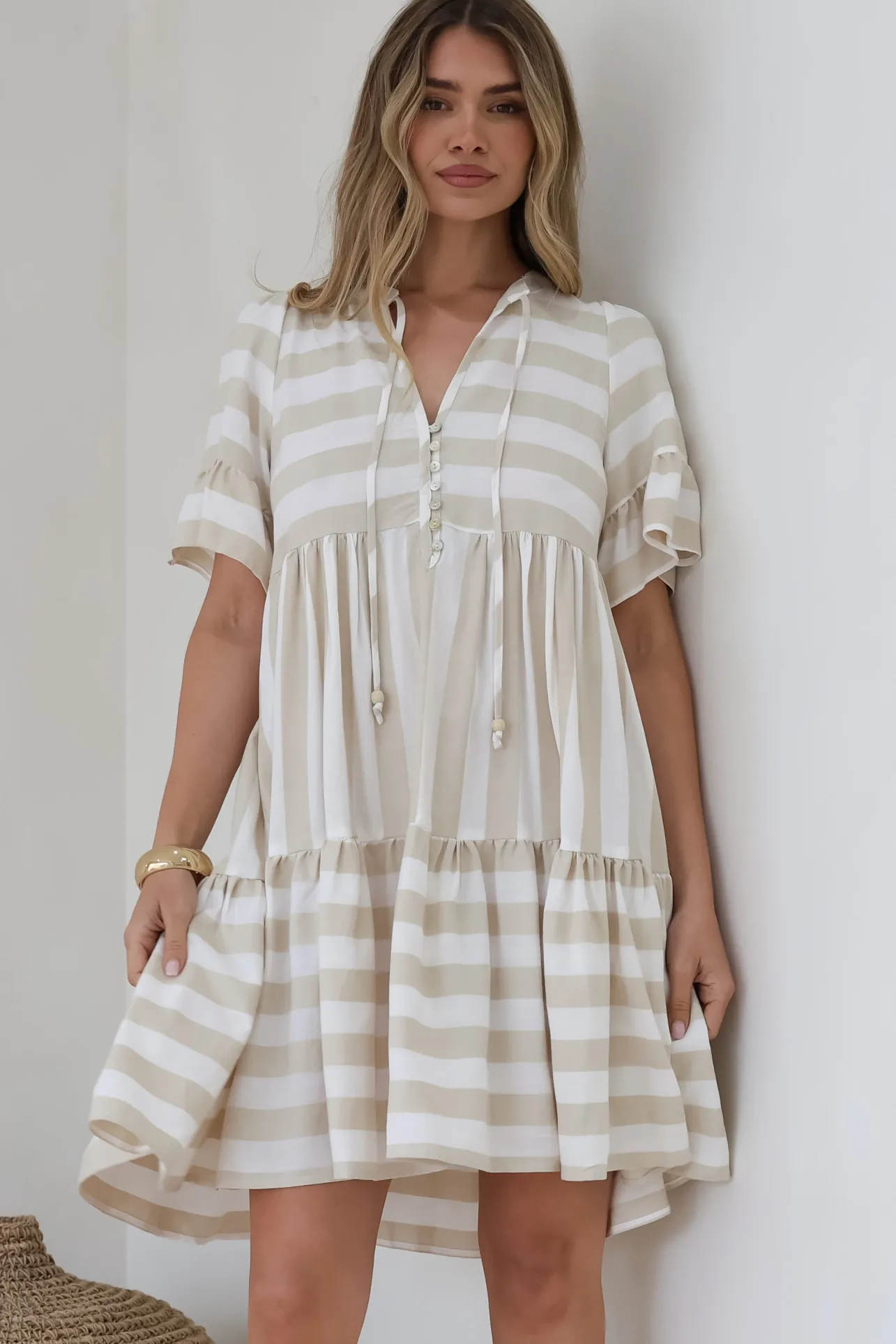 Abilia Mini Dress - Mandarin Collar Smock Dress in Gaubi Print Beige>Salty Crush Discount