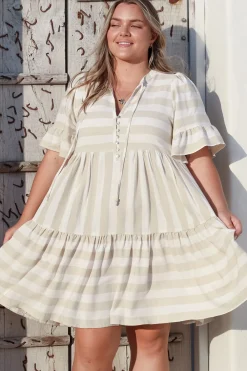 Abilia Mini Dress - Mandarin Collar Smock Dress in Gaubi Print Beige><noscript><img width=