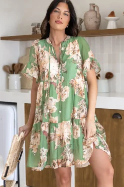 Abilia Mini Dress - Mandarin Collar Smock Dress in Kirah Print Green>Salty Crush Clearance