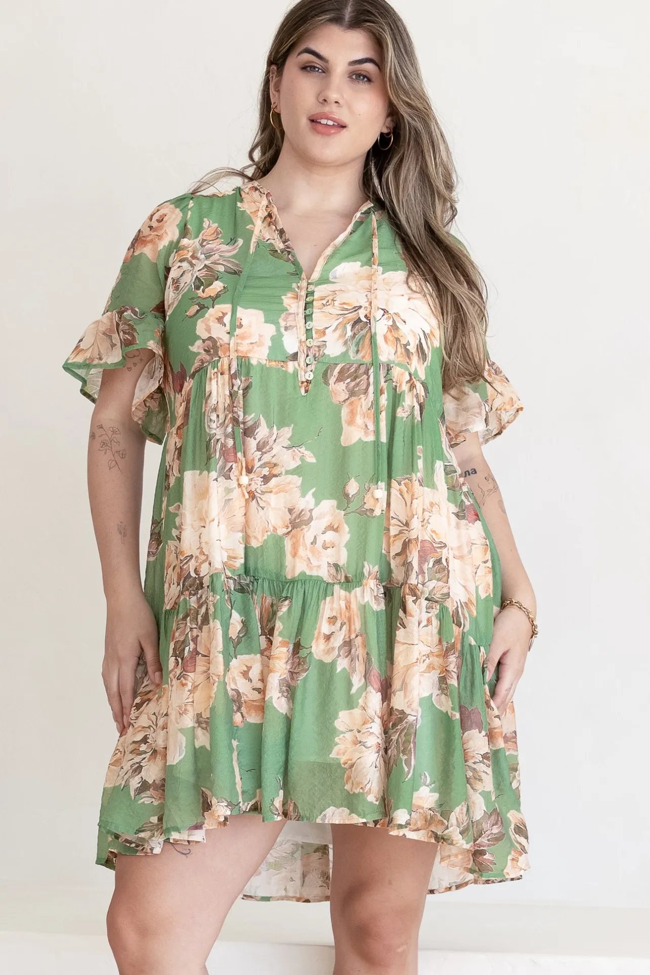 Abilia Mini Dress - Mandarin Collar Smock Dress in Kirah Print Green>Salty Crush Clearance