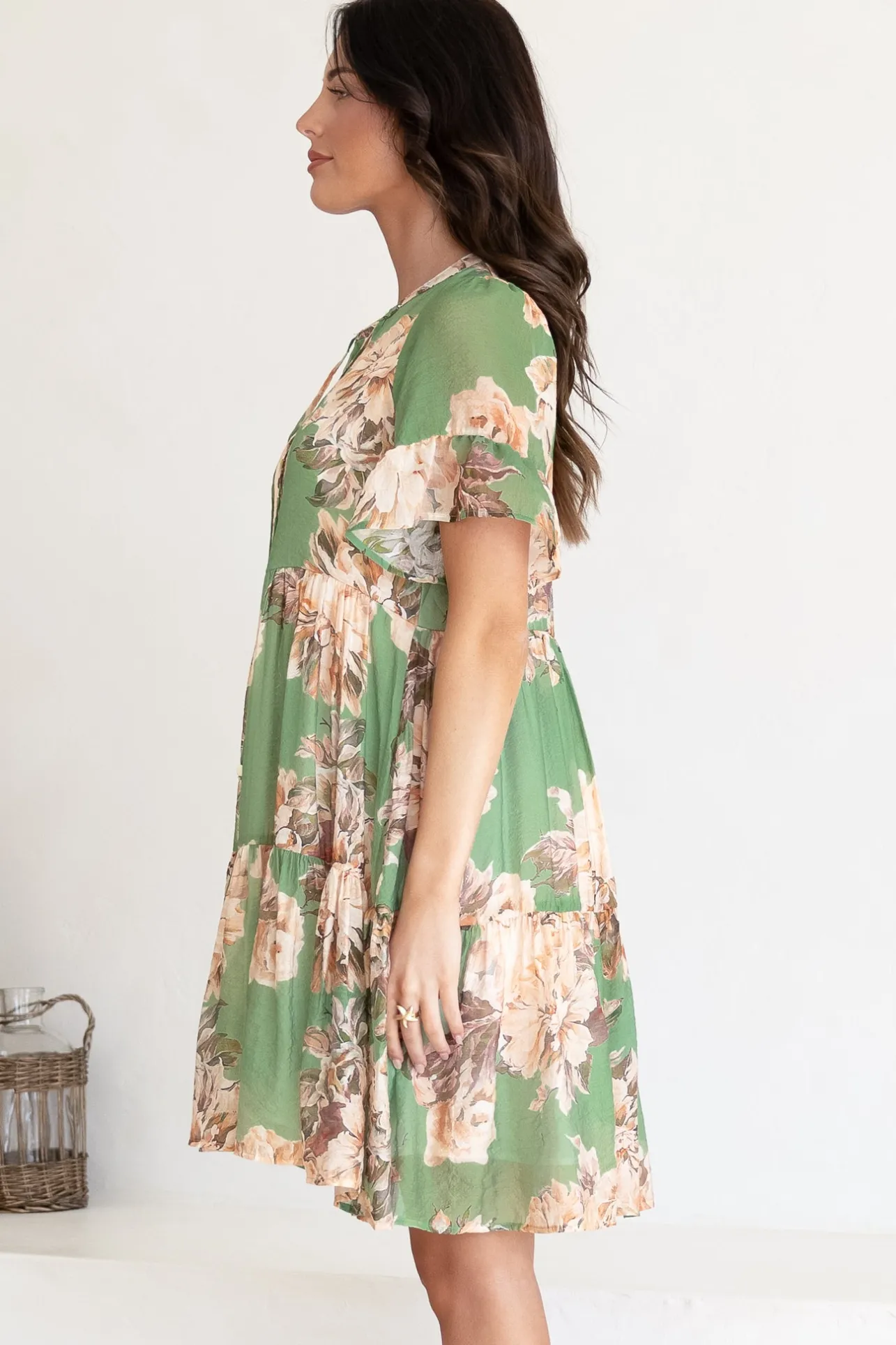 Abilia Mini Dress - Mandarin Collar Smock Dress in Kirah Print Green>Salty Crush Clearance