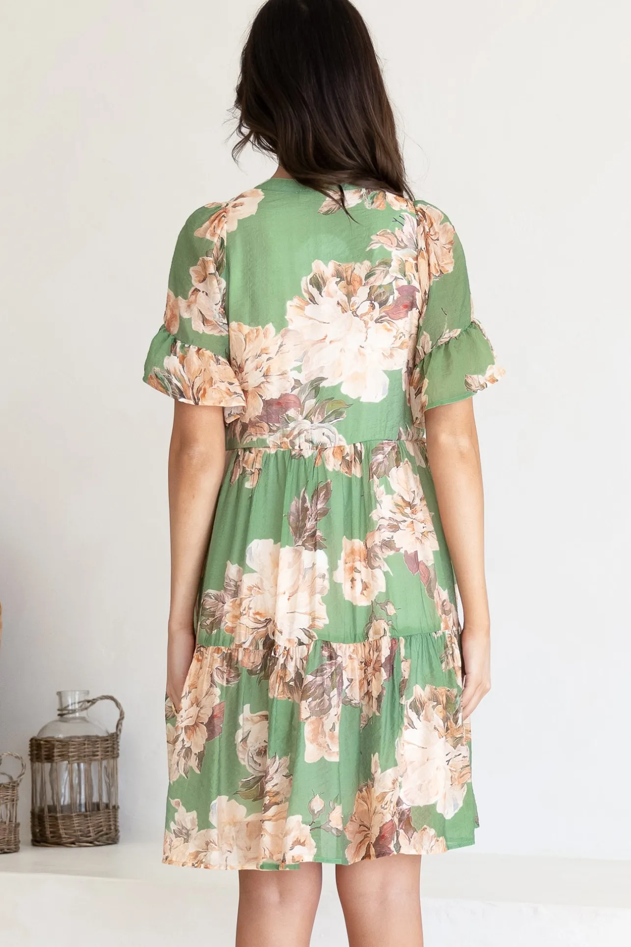 Abilia Mini Dress - Mandarin Collar Smock Dress in Kirah Print Green>Salty Crush Clearance