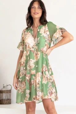 Abilia Mini Dress - Mandarin Collar Smock Dress in Kirah Print Green><noscript><img width=